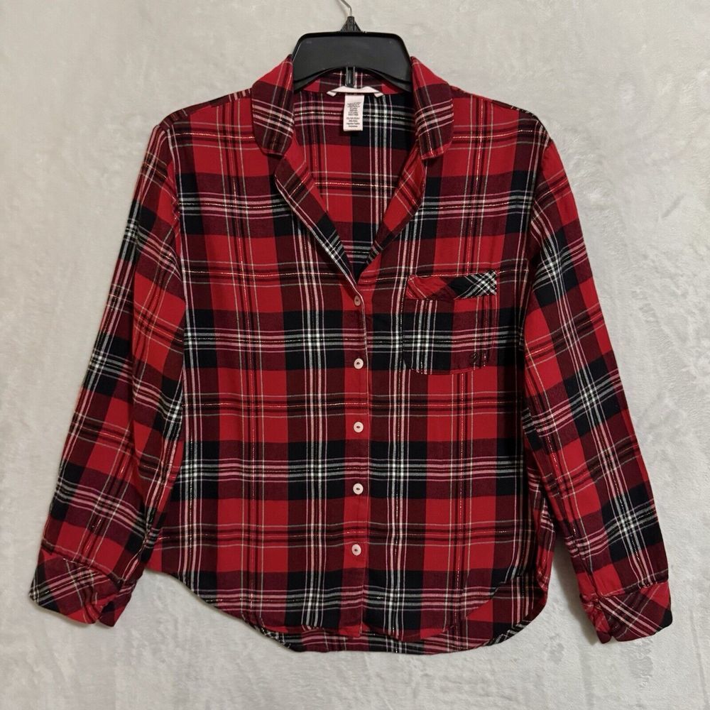 Victoria's Secret Flannel Pajama Set Size XS Red Gold Long Sleeve Pants Pockets - Picture 5 of 16